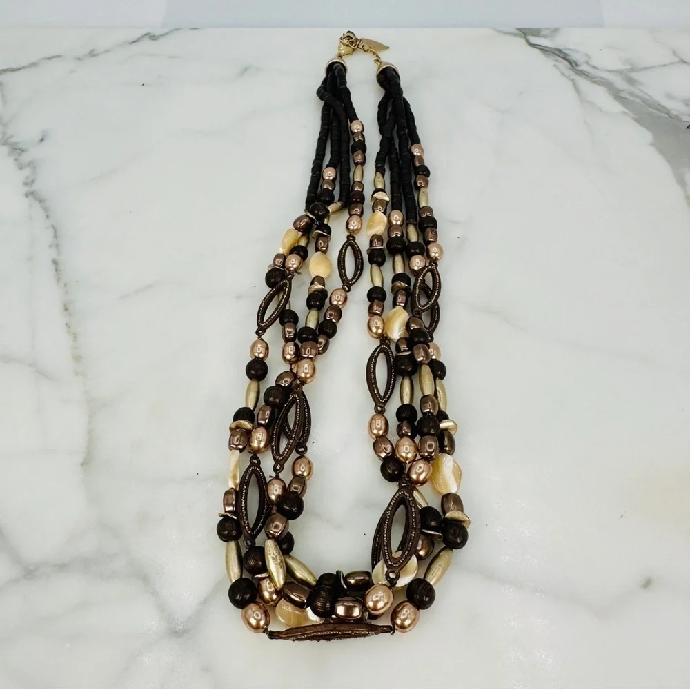 Coldwater Creek Layered Beaded Necklace Brown and Mother of Pearl Adjustable